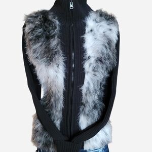 NWT Brittany Black Faux Fur Ribbed Sweater Jacket - Size XL - Double Zip